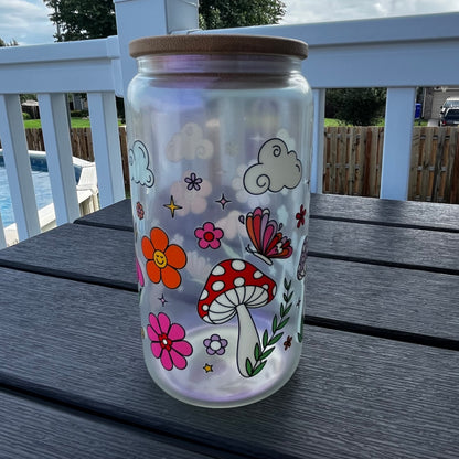 Mushrooms & Flowers | Glass Can Tumbler